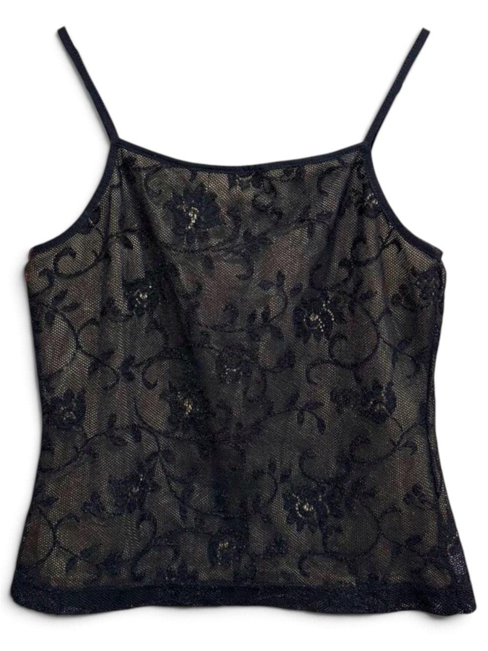 Vintage 90s Black Floral Mesh Lace Cami Top Express Tricot M